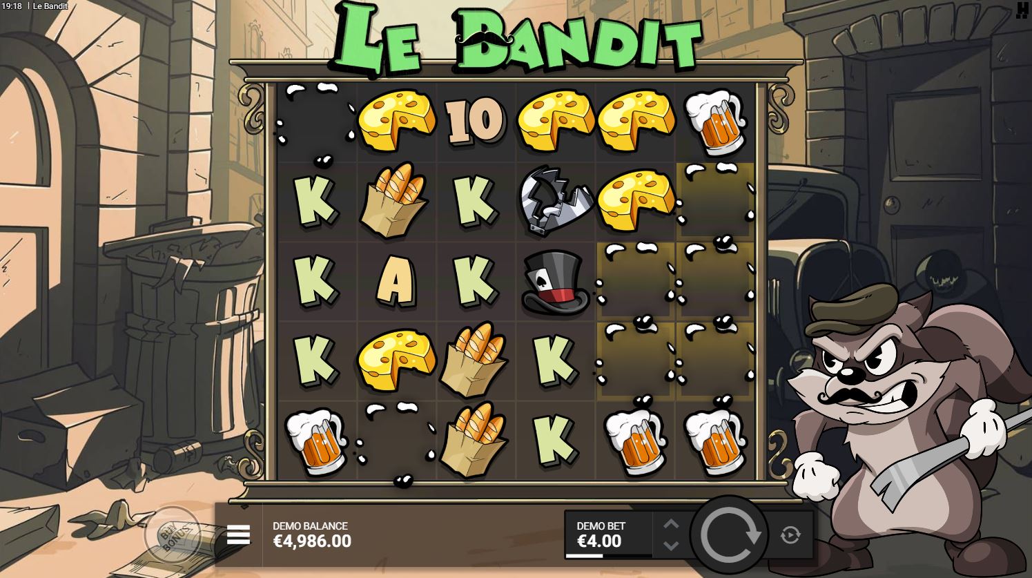 The Super Cascades mechanic in action in the Le Bandit slot after a winning cluster has formed.